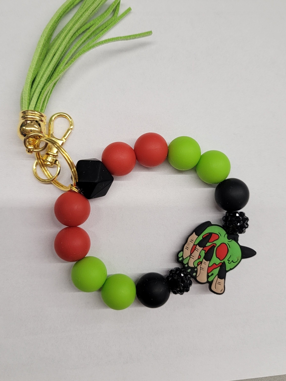 Silicone Beaded Keychain Wristlet with Green Tassel